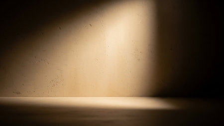 A textured wall, possibly concrete or plaster, is illuminated by a dramatic spotlight creating a strong beam of warm light and deep shadows. The floor is also visible, reflecting some of the light. The overall effect is atmospheric and moody, with a minimalist aesthetic. The neutral tones and strong contrast make it suitable as a backdrop.の素材