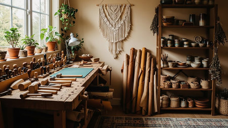 Craftsman workshop interior with tools and accessories. Furniture made of natural materials.の素材