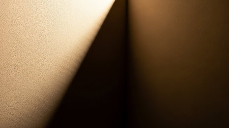 A close-up view of an interior corner where a textured wall meets another wall. A strong beam of warm light dramatically illuminates a section of the textured surface, creating a stark contrast with the deep shadow in the corner. The texture of the wall is clearly visible.の素材