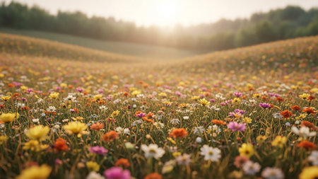 A breathtaking view of a sun-drenched meadow overflowing with a multitude of colorful wildflowers. The golden light of sunrise casts a warm glow over the rolling hills and distant treeline. The focus is on the intricate details of the blooming flowers and lush green grass, creating a serene and idyllic natural scene.の素材