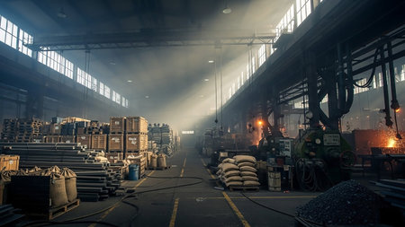 The interior of a large, busy industrial factory. Stacks of wooden crates, sacks, and metal materials are organized on pallets. Various machinery, including a large green machine with visible sparks from welding, are present. Sunlight streams through high windows, illuminating dust and smoke in the air. The scene depicts a working manufacturing environment.の素材