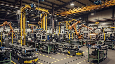 An interior view of a busy factory floor showcasing an automated assembly line. Multiple robotic arms are actively working on metal components, with sparks flying from one station. Conveyor belts and industrial equipment fill the space, highlighting advanced manufacturing processes.の素材