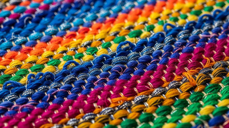 An extreme close-up shot of a brightly colored woven fabric. The image showcases the intricate texture of the threads and the diagonal stripe pattern in various hues of blue, orange, yellow, green, and pink. The weave is clearly visible.の素材