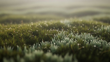 A macro shot of lush green grass and moss covered in sparkling dewdrops. The water droplets glisten on the blades of grass, creating a magical and refreshing effect. The background is softly blurred, emphasizing the intricate details of the wet vegetation.の素材