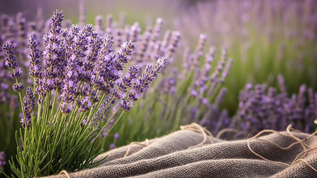 A close-up view of vibrant purple lavender stalks in a field, with a soft focus background of more lavender. In the foreground, textured burlap fabric is draped with rough twine, creating a rustic and natural composition. The lighting suggests a warm, sunny day.の素材