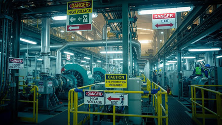 An interior view of an industrial facility filled with large machinery, pipes, and safety signage. Yellow safety railings guide pathways, and prominent signs indicate "DANGER HIGH VOLTAGE," "DANGER EXIT," and "CAUTION EYE PROTECTION REQUIRED." Workers in safety vests are visible in the distance, suggesting an active operational environment.の素材