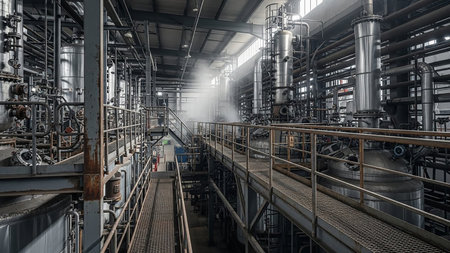 The interior of a large industrial factory is filled with a complex network of metal pipes, tanks, and walkways. Steam or smoke rises in the background, suggesting active production. Metal platforms and staircases allow access to different levels of the machinery. The scene conveys a sense of heavy industry and intricate engineering.の素材