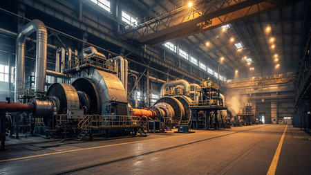 The interior of a vast industrial facility, likely a power plant or factory. Large, imposing turbines and complex machinery dominate the foreground and midground, with extensive pipework, walkways, and structural elements visible. The space is illuminated by overhead industrial lighting, casting long shadows and highlighting the scale of the operation.の素材