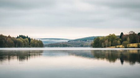 A serene landscape scene of a calm lake at dawn, shrouded in a light mist. The water's surface perfectly reflects the overcast sky and the distant, tree-covered hills. The colors are muted and cool, creating a peaceful and atmospheric mood. The image captures the quiet beauty of nature in the early morning.の素材