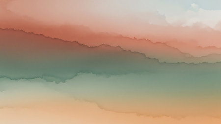 A soft, abstract watercolor wash creates a gradient background with muted tones of coral, teal, and peach. The edges are soft and irregular, mimicking the organic flow of paint on paper. The colors blend smoothly, creating a dreamy and atmospheric effect suitable for various design applications.の素材