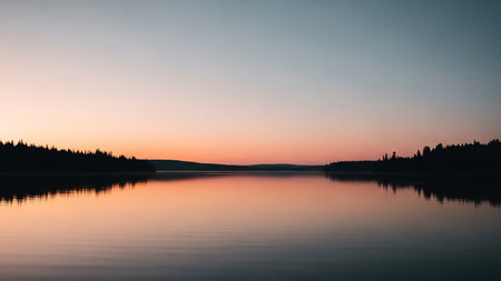 A breathtaking view of a calm lake at sunset. The sky displays a beautiful gradient of orange, pink, and blue, which is perfectly reflected on the still water surface. Silhouettes of trees and distant hills line the horizon, creating a sense of depth and tranquility. The scene evokes a feeling of peace and natural beauty.の素材