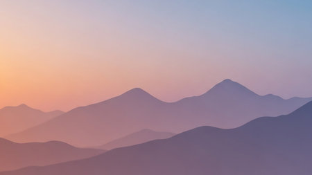 A layered silhouette of a mountain range is depicted against a soft gradient sky transitioning from warm orange and pink hues near the horizon to a pale blue at the top. The mountains are rendered in muted purple and grey tones, creating a sense of depth and tranquility.の素材