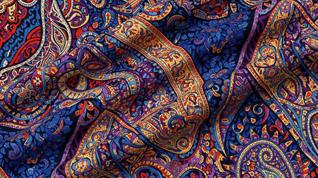 A close-up view of a richly colored fabric featuring an intricate paisley pattern. The design incorporates shades of deep blue, purple, gold, and red, creating a complex and visually striking texture. The folds of the fabric add depth and dimension to the pattern.の素材