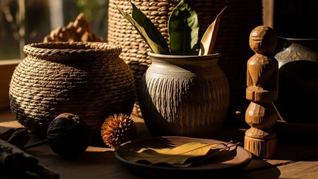 A still life composition featuring several natural objects arranged on a wooden surface. Prominently displayed are two woven baskets of different sizes, a textured ceramic pot holding green leaves, and a small carved wooden figurine. A dried leaf rests on a small plate in the foreground, with a dried seed pod nearby. Sunlight casts dramatic shadows, highlighting the textures and earthy tones of the objects.の素材