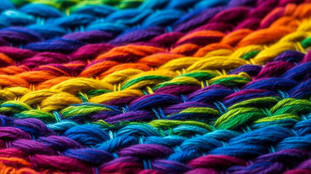 A vibrant and colorful close-up of a woven texture, resembling a rainbow spectrum. Thick strands of yarn in shades of blue, purple, green, yellow, orange, and red are interlaced to create a rich, tactile pattern. The macro view highlights the individual fibers and the intricate weaving technique.の素材