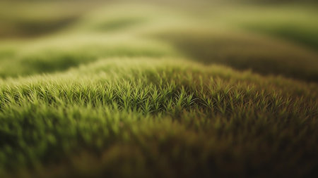 An abstract, softly focused image of rolling green grass. The blades of grass are rendered with a shallow depth of field, creating a blurred, dreamlike effect. The gentle curves of the terrain resemble small dunes or hills, with variations in light and shadow creating a textured, organic visual. The overall impression is one of serene natural beauty.の素材