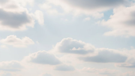 A serene view of the sky filled with soft, white, fluffy clouds against a pale blue backdrop. The light suggests a gentle daylight, creating a peaceful and airy atmosphere. This image captures the essence of a calm day with a focus on the natural beauty of the sky.の素材