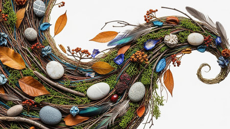 A circular wreath composed of natural elements is presented against a white background. The arrangement includes intertwined branches, green moss, dried autumn leaves, smooth stones, colorful feathers, and small red berries. The composition has a rustic and organic feel, showcasing a variety of textures and natural forms.の素材