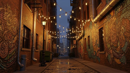 A narrow urban alleyway at night, illuminated by strings of warm light bulbs overhead. The brick walls on either side are adorned with colorful graffiti murals. Cobblestone pavement is wet and reflects the lights. Metal pipes and a dumpster are visible. In the distance, a city skyline with illuminated buildings can be seen.の素材