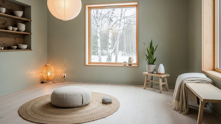 A tranquil interior space designed for meditation and relaxation. A large window offers a view of a snowy winter landscape with birch trees. The room features a round woven rug with a meditation cushion and a stone, a wooden bench with a draped blanket, a floor lamp, a snake plant, and a diffuser. Wooden shelves with bowls are mounted on the wall.の素材
