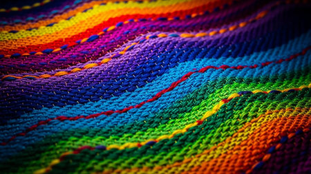 This image is a close-up, macro view of a vibrantly colored knitted fabric. The texture is rich and detailed, showcasing the interwoven threads in a spectrum of rainbow hues, including red, orange, yellow, green, blue, and purple. Contrasting red and yellow stitching adds further visual interest to the intricate woven pattern, creating an abstract and lively textile background.の素材