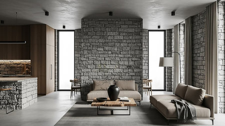 A modern and stylish living room interior featuring a prominent stone accent wall. Two neutral-colored sofas are placed in the room, with a rustic wooden coffee table in the center. The space combines natural textures with clean lines for a sophisticated aesthetic.の素材