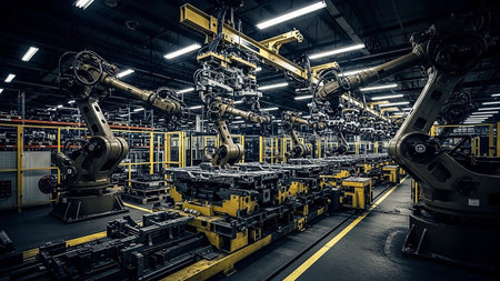An interior view of a modern industrial factory filled with numerous robotic arms. The machinery is predominantly yellow and dark, arranged along a production line. Overhead lighting illuminates the scene, highlighting the complex mechanical structures and the organized, automated environment.の素材