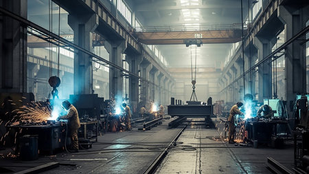 The interior of a large industrial factory with multiple workers engaged in welding. Bright sparks and molten metal fly from their work stations, illuminated by the intense blue light of the welding torches. Overhead cranes and heavy structural beams are visible, highlighting the scale of the manufacturing environment.の素材