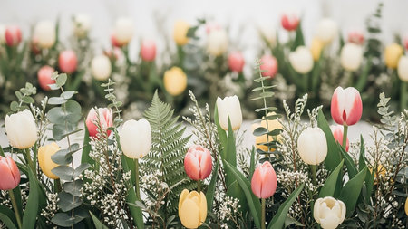 Arrangement showing close-up of a floral arrangement with tulips and greenery. High resolution image suitable for commercial use. Clear details and vibrant colors enhance visual appeal.の素材