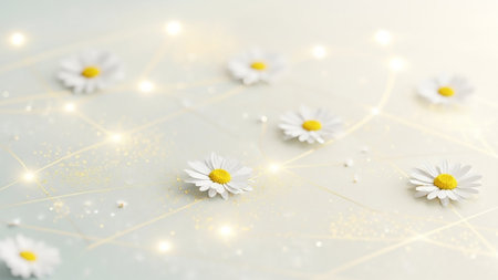 A soft-focus image of delicate white daisies with yellow centers scattered across a light, airy surface. A network of thin, golden lines and glowing bokeh lights creates an ethereal and luminous effect, with tiny pearls adding subtle sparkle.の素材