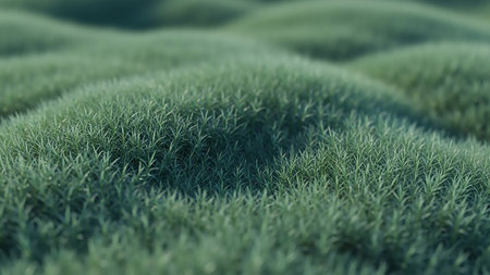 A detailed close-up view of numerous green grass blades, creating a textured and organic background. The shallow depth of field blurs the distant hills of grass, emphasizing the intricate details of the individual blades in the foreground. The overall impression is one of freshness and natural growth.の素材