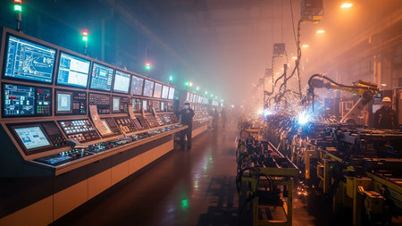 A dimly lit, futuristic factory interior. On the left, a long console is covered with numerous glowing computer screens displaying complex data and schematics. In the background, a robotic arm is actively welding, creating a shower of bright sparks. Workers in protective gear are visible near the production line, overseeing the automated process. The scene conveys a sense of advanced industrial technology.の素材