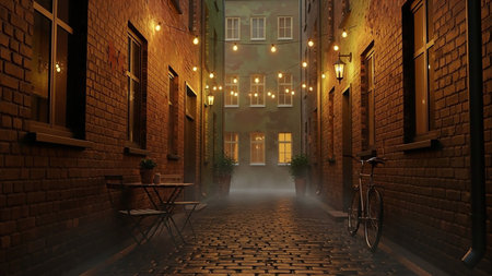 A narrow, atmospheric cobblestone alleyway is illuminated by warm string lights and a few street lamps. Brick buildings line both sides, with windows glowing from within. A bicycle leans against a wall, and a small table and chairs sit near a doorway, with a gentle mist adding to the moody, European ambiance.の素材
