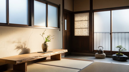 A serene Japanese room featuring tatami mat flooring, a rustic wooden bench with a vase of delicate flowers, and a traditional teapot on a stone base. Frosted glass windows and wooden frames create a soft, diffused light, casting gentle shadows. A small bonsai tree sits on a stone in the corner.の素材