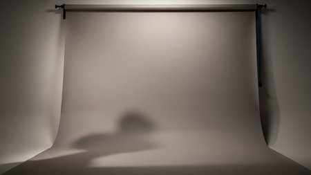 An empty photography studio featuring a seamless, neutral-colored backdrop that curves from the wall to the floor. Soft, diffused light illuminates the scene, casting a subtle shadow on the backdrop. A roller mechanism is visible at the top, indicating a professional setup for shooting.の素材