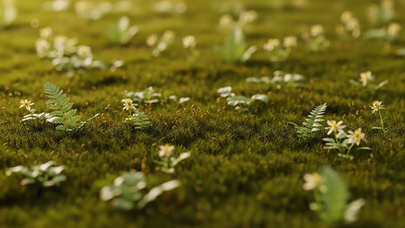 A detailed close-up view of a lush, green mossy ground cover. Small, delicate plants with tiny yellow and white flowers, along with miniature ferns, are scattered across the surface. The soft texture of the moss and the subtle details of the small flora create a serene and natural miniature landscape, bathed in soft sunlight.の素材
