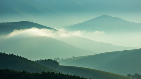 Hills showing misty mountain landscape with layers of green hills and fog. High resolution image suitable for commercial use. Clear details and vibrant colors enhance visual appeal.の素材