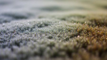 A detailed macro shot of moss covered in frost and dew. Tiny green plants emerge from the frosty texture, with some small brown stalks visible in the background. The soft light and shallow depth of field create a delicate and serene atmosphere.の素材