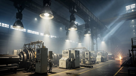 An atmospheric view inside an industrial workshop, illuminated by dramatic beams of light from overhead lamps. Heavy machinery and control panels are visible in the foreground, with sparks flying from a welding or grinding operation in the background. Dust and smoke add to the intense, gritty atmosphere of the manufacturing environment.の素材