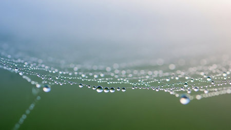 A close-up macro photograph of a spider web covered in numerous tiny dew drops. The water droplets glisten, creating a delicate and intricate pattern. The background is softly blurred with green and blue hues, creating a bokeh effect that emphasizes the detail of the web.の素材