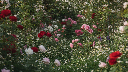A vibrant and lush garden path is densely packed with blooming flowers. Red, pink, and white roses are interspersed with numerous small white daisies and other delicate blooms. Green foliage forms a rich backdrop, creating a picturesque and abundant floral scene.の素材