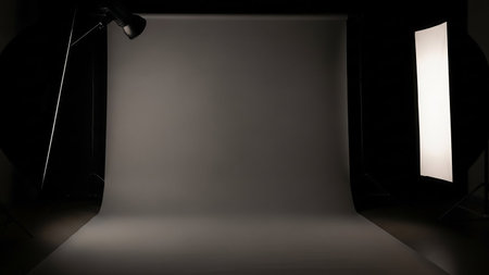 An empty photography studio with a large, seamless grey backdrop that curves from the wall to the floor. Professional lighting equipment, including a spotlight and a softbox, are positioned to illuminate the space. The scene is set for a photo or video shoot, with a dark, minimalist environment.の素材