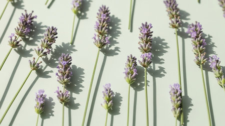 A pattern of fresh lavender sprigs is laid out diagonally on a soft, pale green surface. The delicate purple blossoms and slender green stems cast subtle shadows, creating a serene and natural aesthetic. The arrangement suggests a sense of calm and organic beauty.の素材