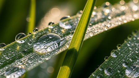 A detailed macro shot of fresh green grass blades covered in numerous sparkling dew drops. The water droplets reflect the light, creating tiny, bright highlights and magnifying the texture of the grass. Sunlight catches the edges of the blades and the water, creating a soft bokeh effect in the background.の素材