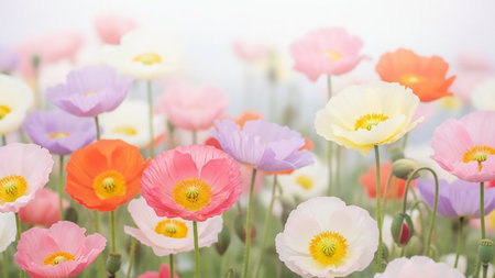 A field of poppies in various pastel colors including pink, purple, orange, and white. The flowers are in soft focus with a gentle bokeh effect in the background, creating an ethereal and delicate atmosphere. The centers of the poppies are a bright yellow, and the green stems and leaves are visible.の素材