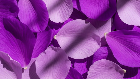 A close-up, top-down view of numerous overlapping flower petals in shades of vibrant purple and soft lavender. The petals are arranged in a dense, textured pattern, with delicate veins visible on their surfaces. The lighting creates subtle shadows and highlights, emphasizing the soft, organic shapes and smooth textures of the petals.の素材