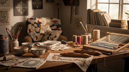 A wooden table in a craft room is laden with various handmade items and supplies. Visible are embroidered cloths, colorful spools of thread, needles, small bowls, a miniature weaving loom with a woven piece, and a quilt draped over a chair in the background. Natural light streams in from a window, illuminating the creative workspace.の素材