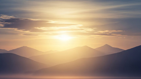 A breathtaking landscape of layered mountain ranges silhouetted against a vibrant sunrise or sunset. The sun, a bright golden orb, shines through soft, wispy clouds, casting a warm, ethereal glow over the scene. A gentle mist or fog settles in the valleys between the peaks, adding depth and atmosphere. The colors are soft and warm, creating a sense of peace and wonder.の素材