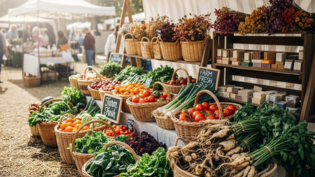A lively outdoor farmers market scene. Wicker baskets and wooden crates overflow with a colorful assortment of fresh vegetables, including tomatoes, leafy greens, onions, and root vegetables. Bunches of herbs and vibrant flowers are also displayed. Handmade soaps are neatly arranged on shelves. People are visible in the blurred background, browsing the stalls.の素材