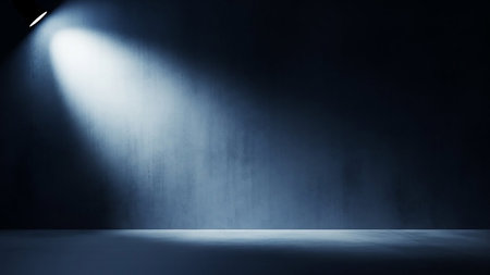A dark, atmospheric scene with a single, dramatic spotlight casting a bright beam of light onto a textured wall and floor. The light creates strong contrasts between illuminated areas and deep shadows. The wall appears to have a rough, concrete-like texture, and the floor is smooth and reflective. The overall mood is minimalist and dramatic, suitable for various conceptual uses.の素材